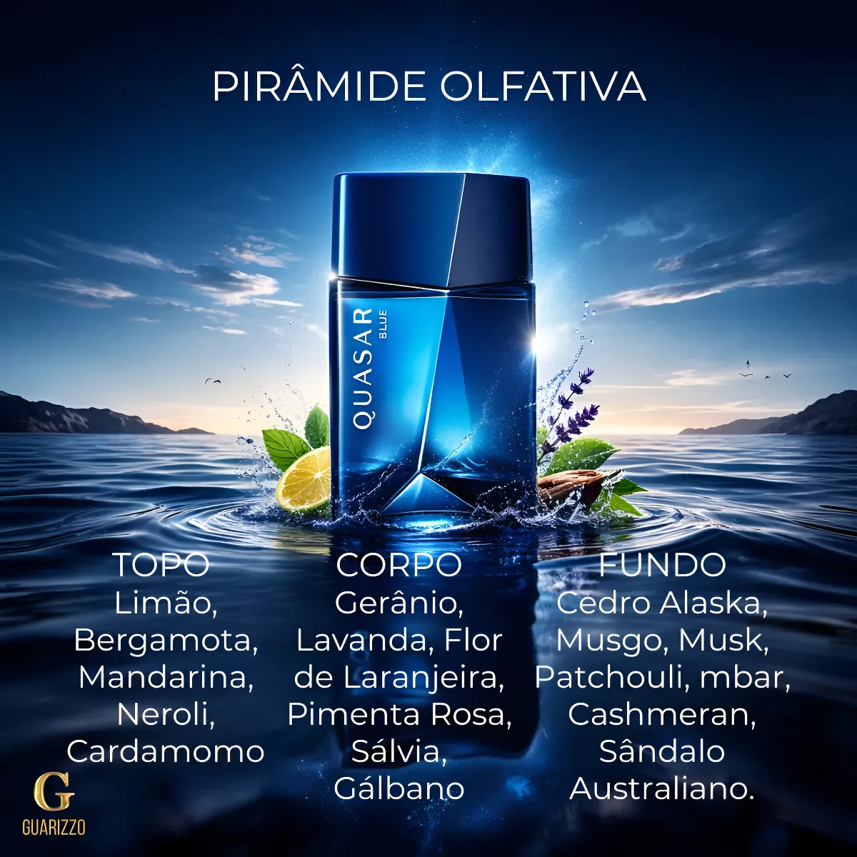 Quasar Blue Body Spray com pirâmide olfativa destacando notas cítricas, aromáticas e amadeiradas
