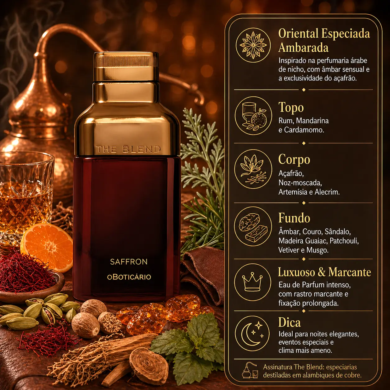 Lançamento de perfumes com The Blend Amber Saffron de O Boticário em imagem que destaca o frasco e seu perfil oriental especiado ambarado.