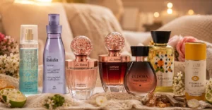 Perfumes com cheiro de abraço em cenário aconchegante com frascos de fragrâncias suaves e relaxantes para dias ansiosos