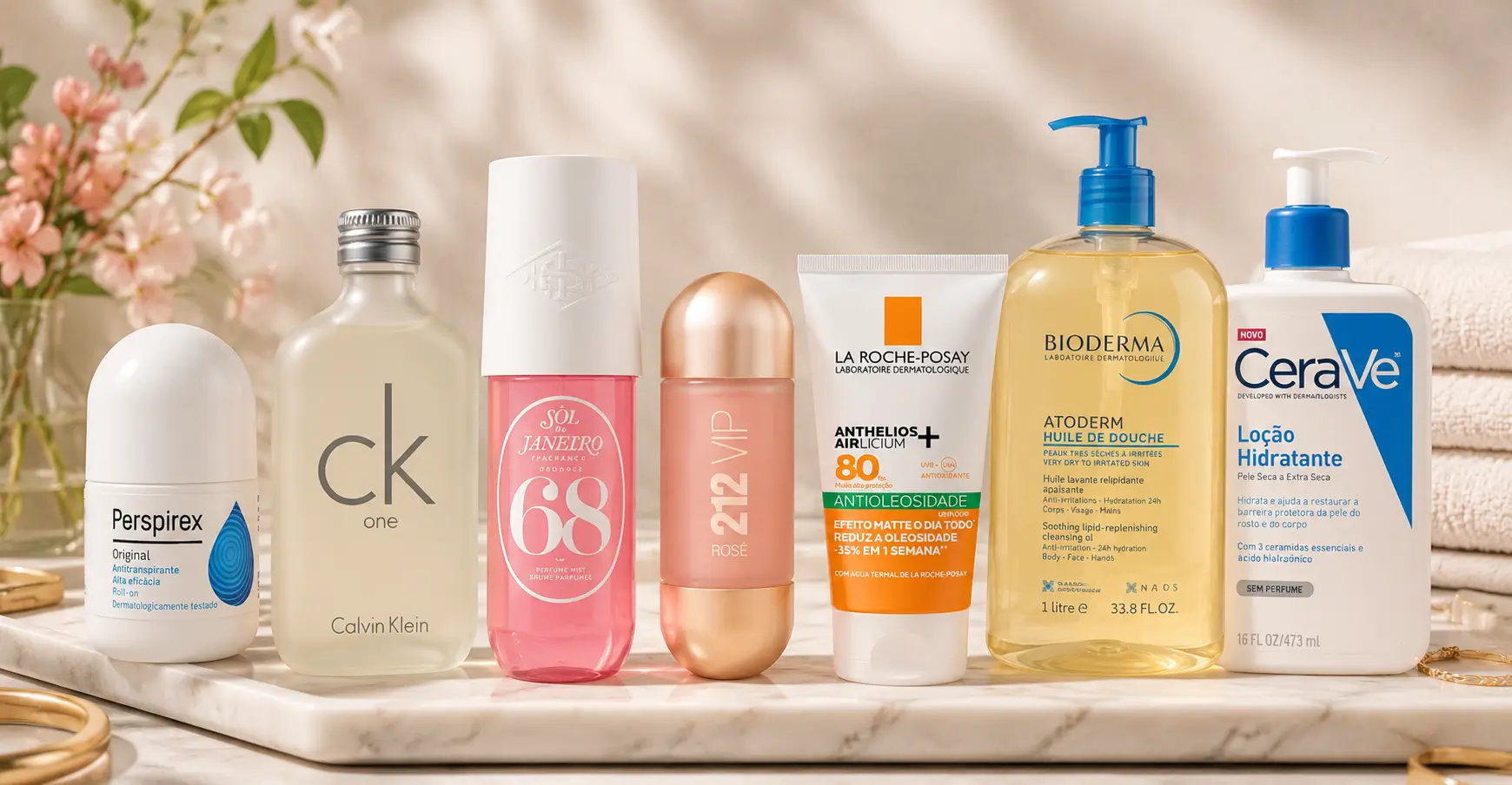 Produtos de beleza leves e sofisticados ideais para manter cheiro de rica no calor, incluindo perfume, hidratante e protetor solar