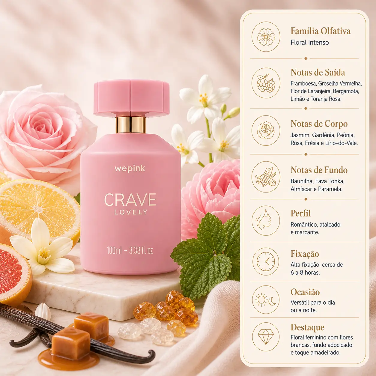Perfumes nacionais para presentear no Dia das Mães com destaque para Crave Lovely em imagem delicada, feminina e envolvente.