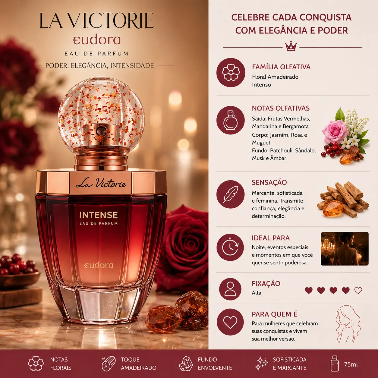 Eudora La Victorie Intense Eau de Parfum com fragrância marcante e envolvente, ideal para quem busca cheiro de abraço sofisticado e intenso