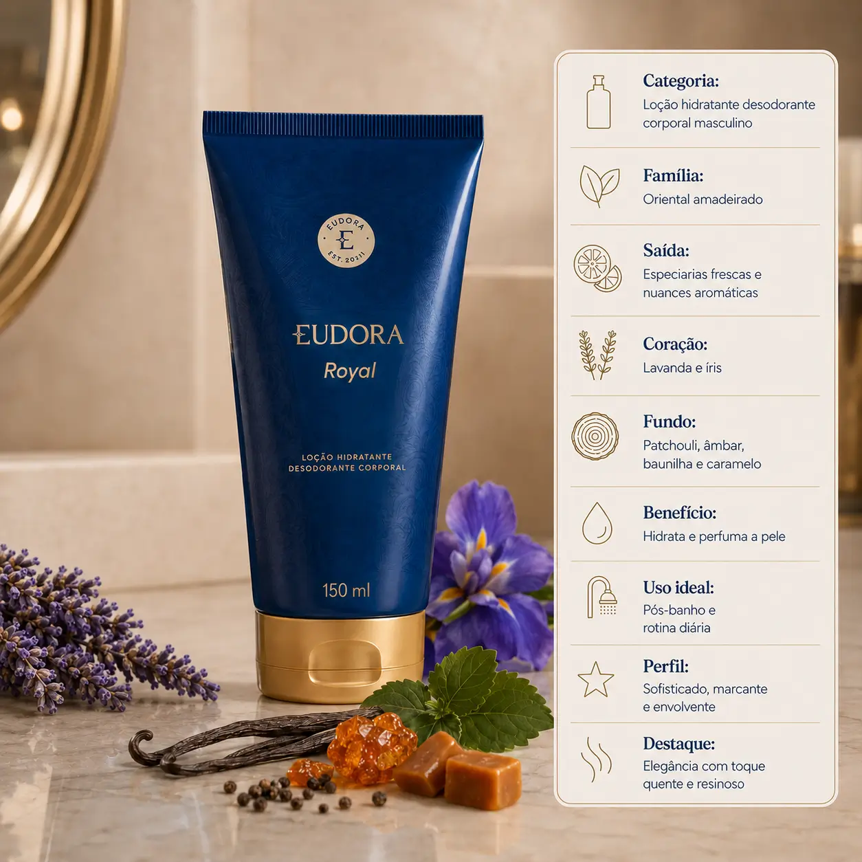 Eudora Royal em imagem 500x500 com loção hidratante masculina ao lado de lavanda, íris, baunilha, âmbar e especiarias
