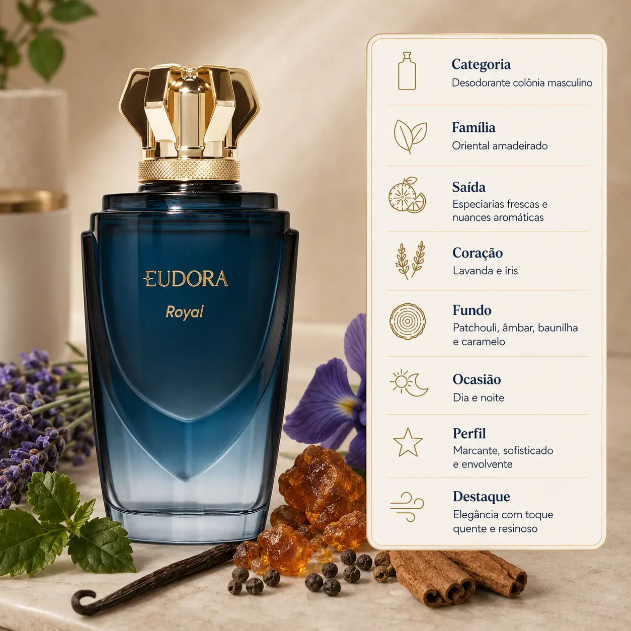 Eudora Royal em imagem 500x500 com frasco do perfume ao lado de lavanda, íris, baunilha, âmbar, patchouli e especiarias