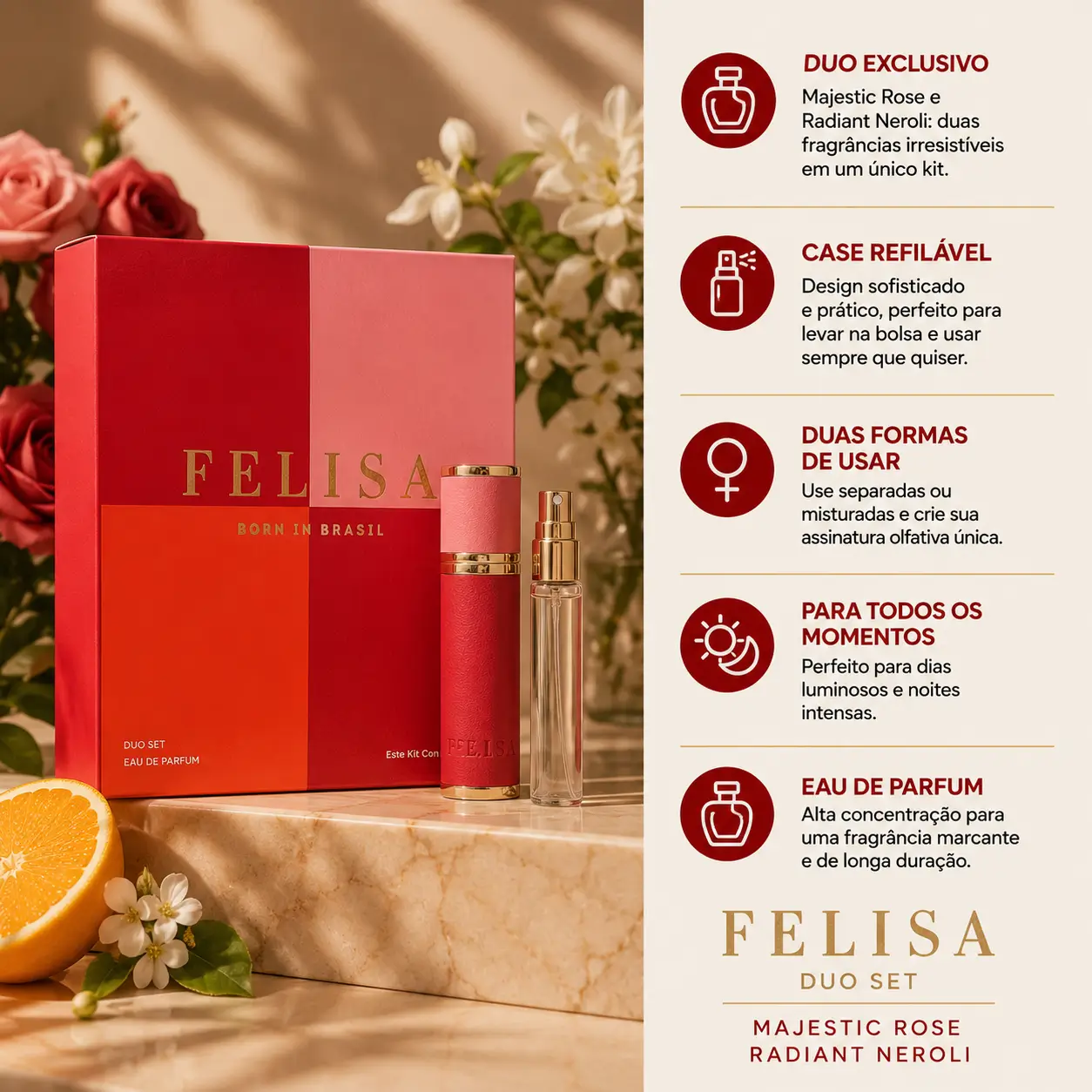Kit Felisa Duo Set com perfumes Majestic Rose e Radiant Neroli entre os melhores perfumes Felisa em embalagem sofisticada
