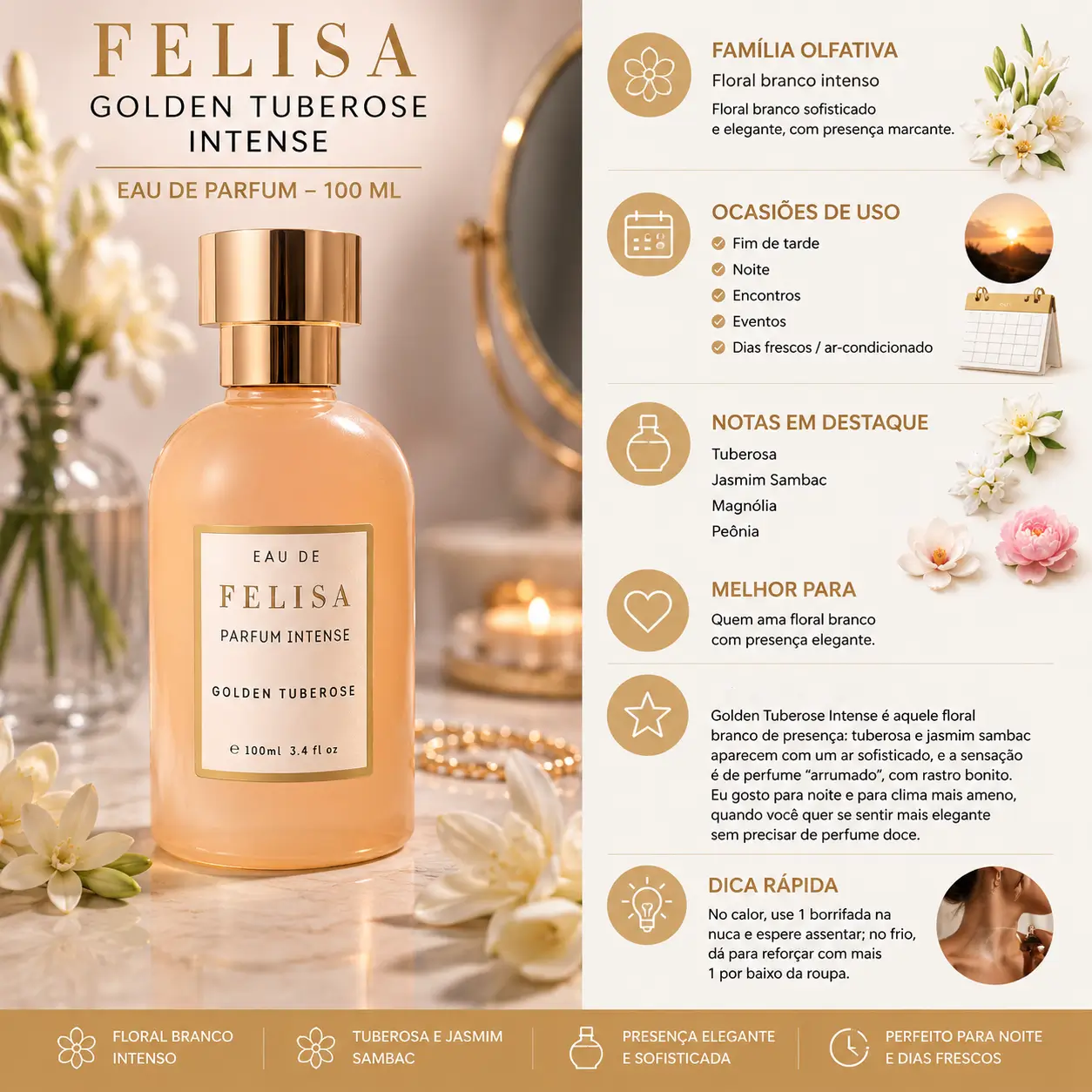 Golden Tuberose Intense Felisa Eau de Parfum 100ml em cenário elegante com flores brancas como tuberosa e jasmim