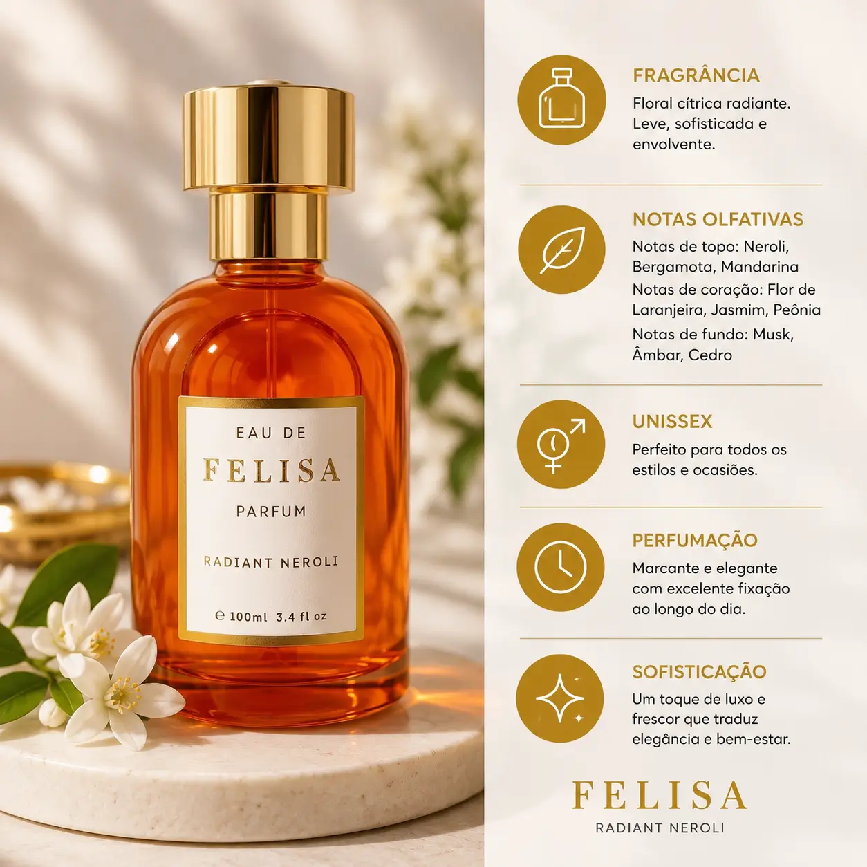 Perfume Felisa Radiant Neroli em frasco elegante com notas florais cítricas, destaque entre os melhores perfumes Felisa