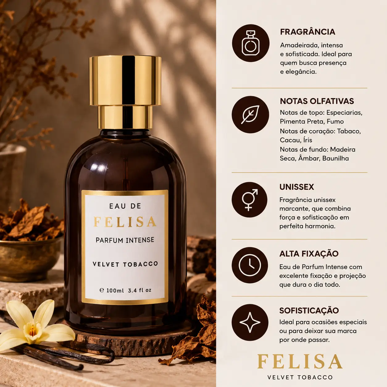 Perfume Felisa Velvet Tobacco Eau de Parfum Intense 100ml entre os melhores perfumes Felisa com fragrância amadeirada sofisticada