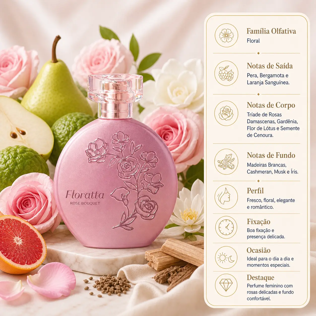 Perfumes nacionais para presentear no Dia das Mães com destaque para Floratta Rose Bouquet em imagem floral delicada e elegante.