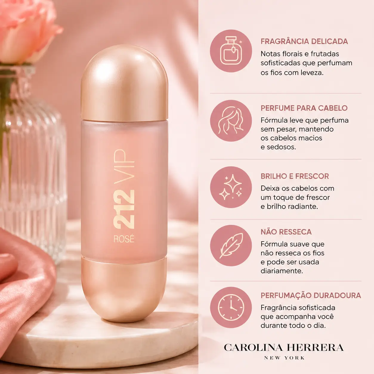 Perfume capilar 212 Vip Rosé Hair Mist Carolina Herrera com fragrância leve e sofisticada ideal para cheiro de rica no calor