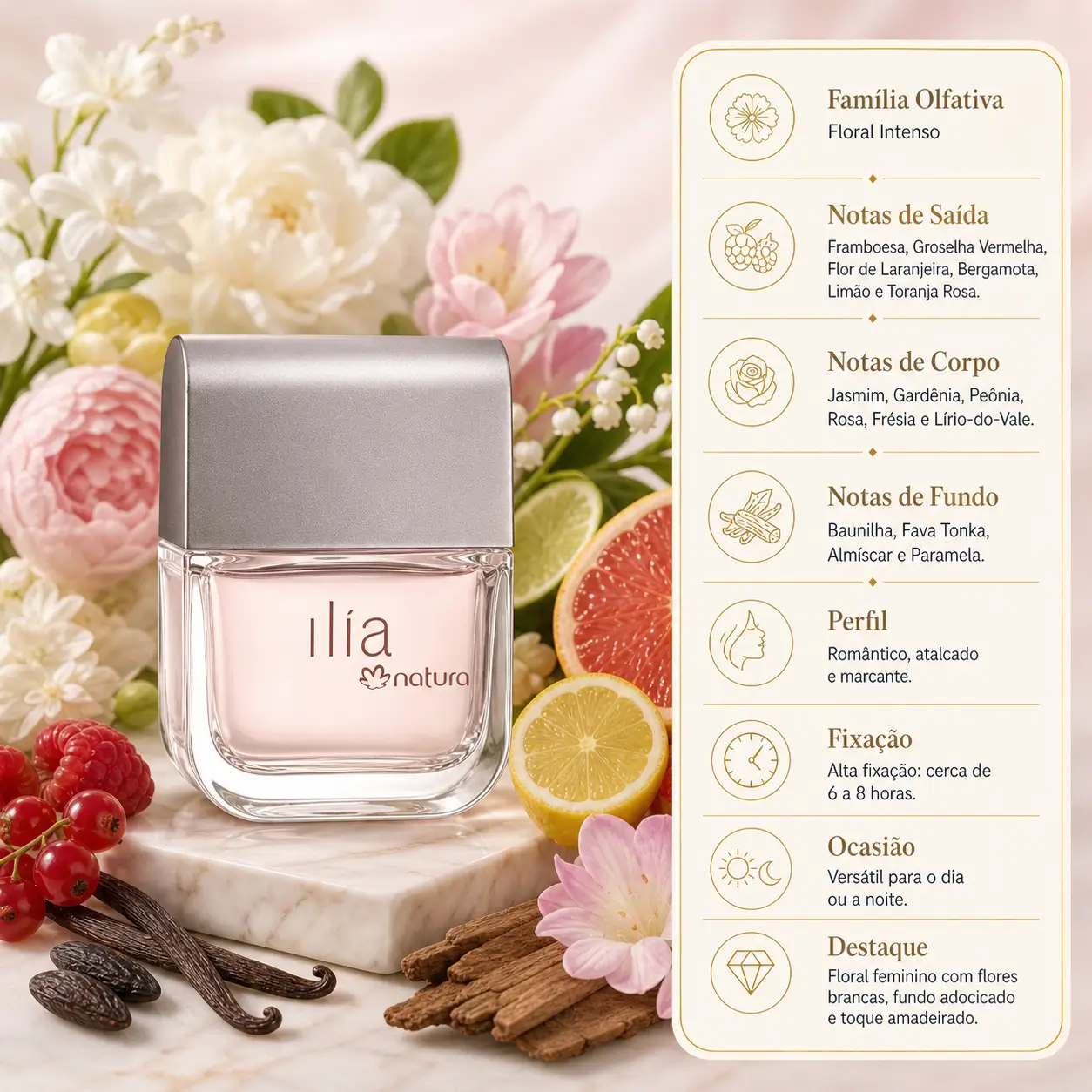 Perfumes nacionais para presentear no Dia das Mães com destaque para Natura Ilía Tradicional em imagem floral delicada e elegante.