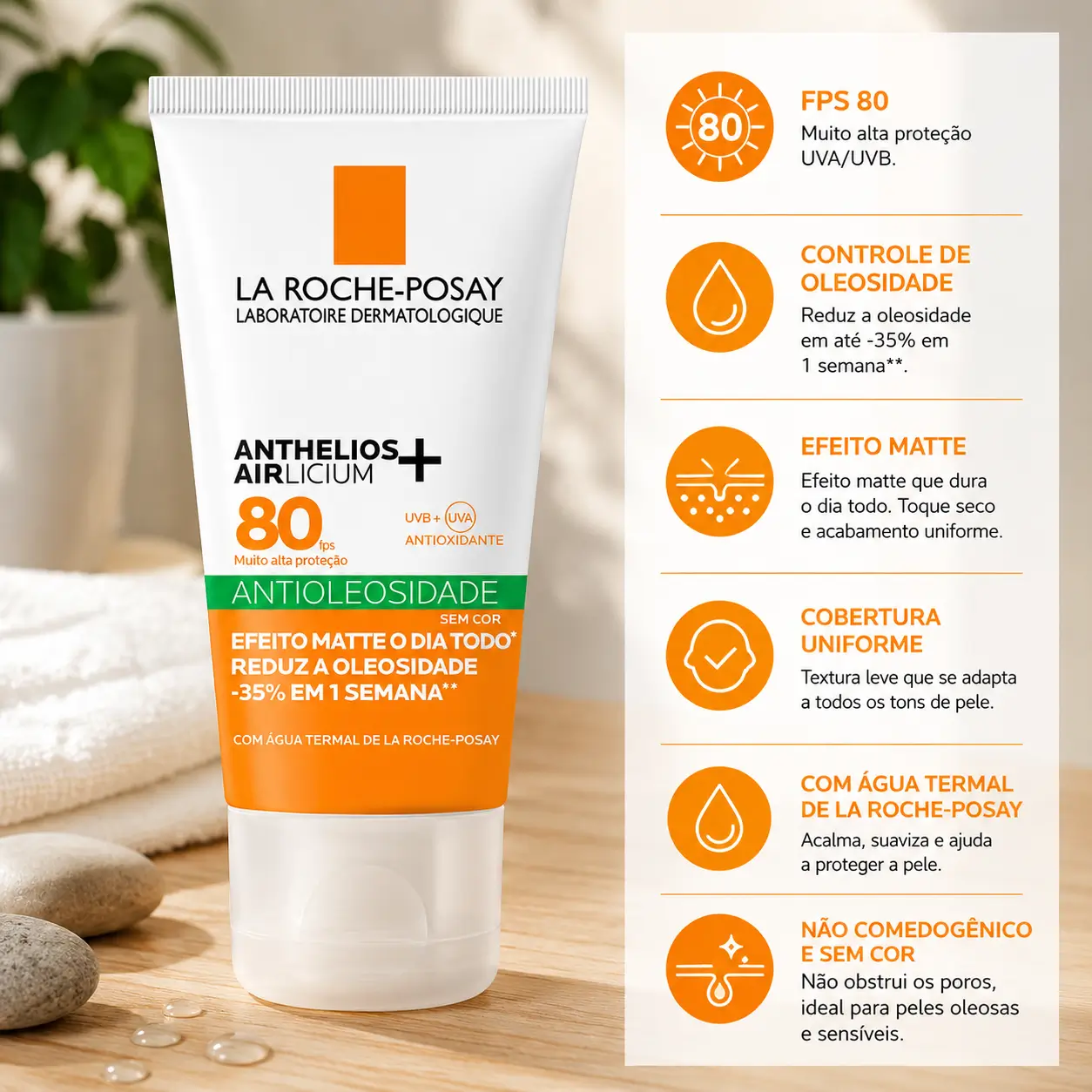 Protetor solar Anthelios Airlicium FPS 80 da La Roche-Posay com efeito matte e controle de oleosidade, ideal para manter pele fresca com cheiro de rica no calor