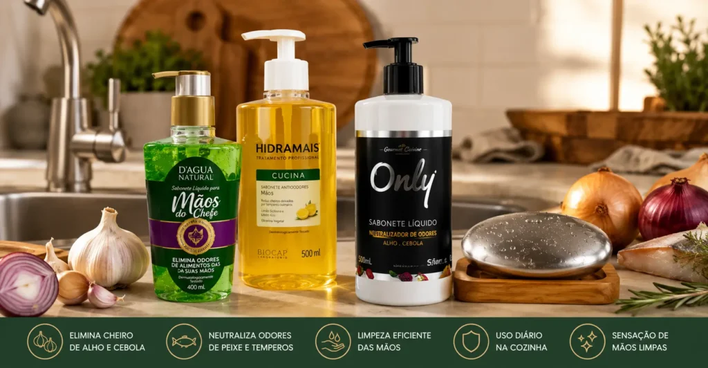 Melhor sabonete anti odor na cozinha com produtos líquidos e inox para eliminar cheiro de alho e cebola das mãos
