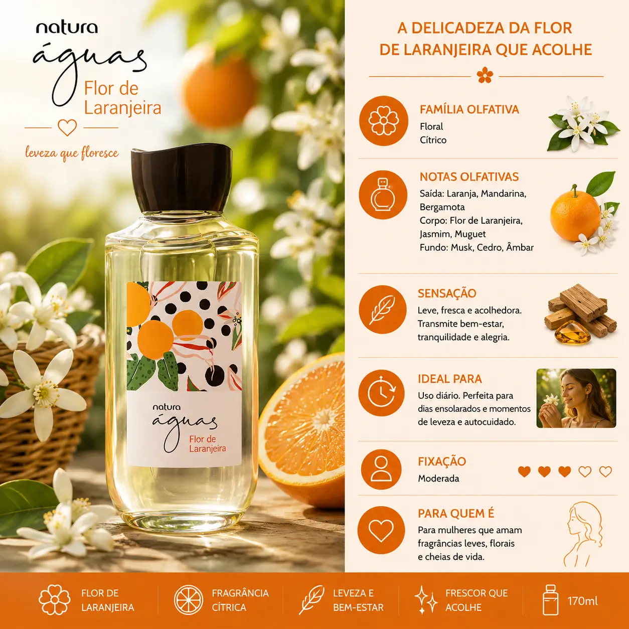 Perfume Natura Águas Flor de Laranjeira em cenário com flores e frutas cítricas transmitindo cheiro de abraço suave e acolhedor