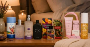 Perfume para relaxar à noite com fragrâncias suaves de lavanda, cedro e notas aconchegantes em ambiente de quarto com iluminação suave