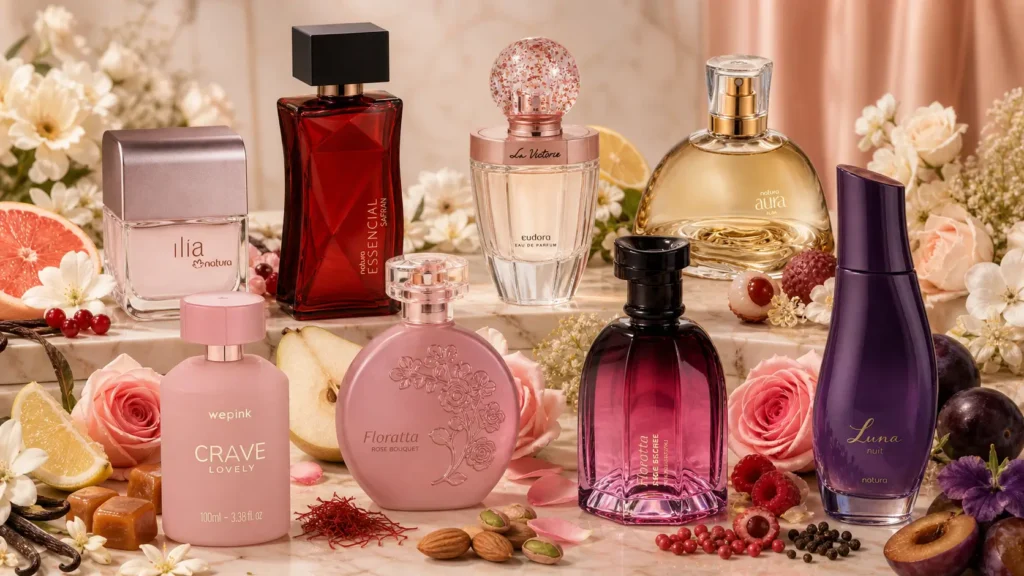 Perfumes nacionais para presentear no Dia das Mães em imagem com oito fragrâncias femininas em cenário floral elegante e sofisticado.