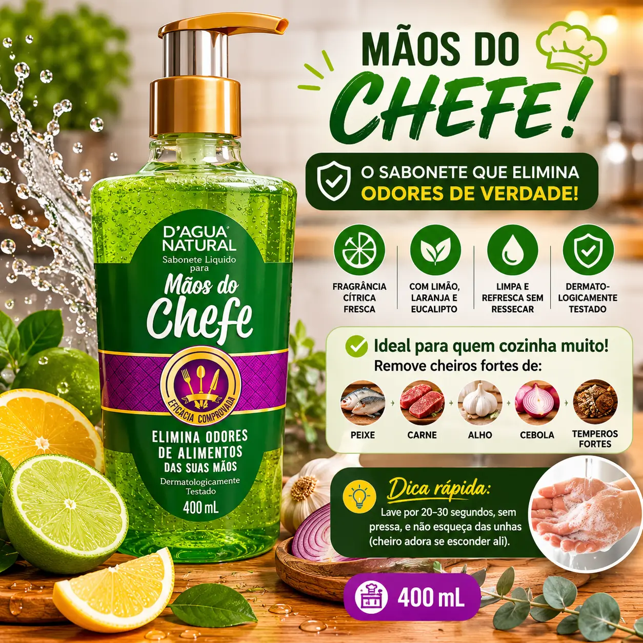 Sabonete anti odor na cozinha D’Água Natural Mãos do Chefe 400ml com ação cítrica para eliminar cheiros de alimentos