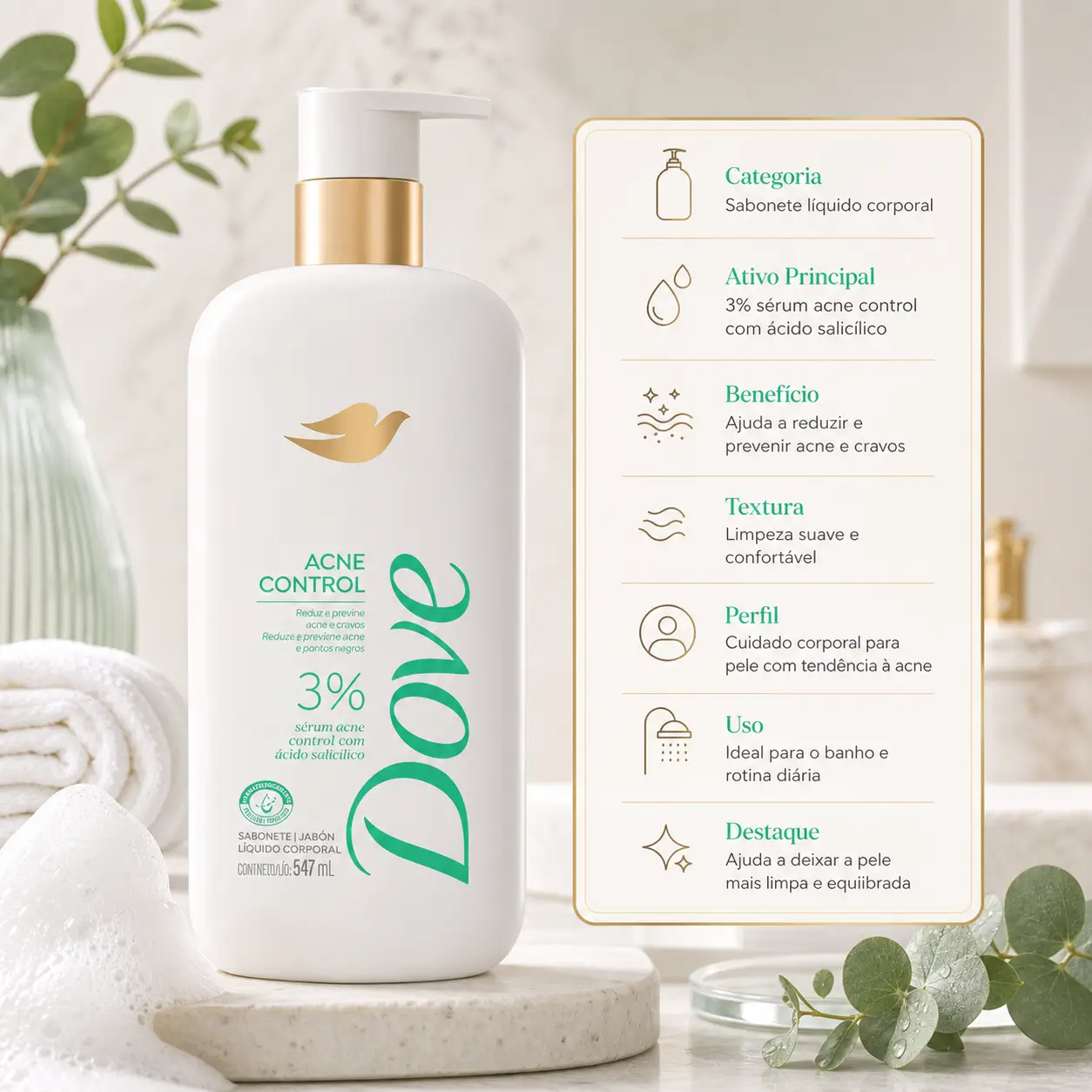 Sabonete Sérum Dove Acne Control em imagem com frasco em destaque, espuma, toalha e folhas verdes em cenário de cuidado corporal.