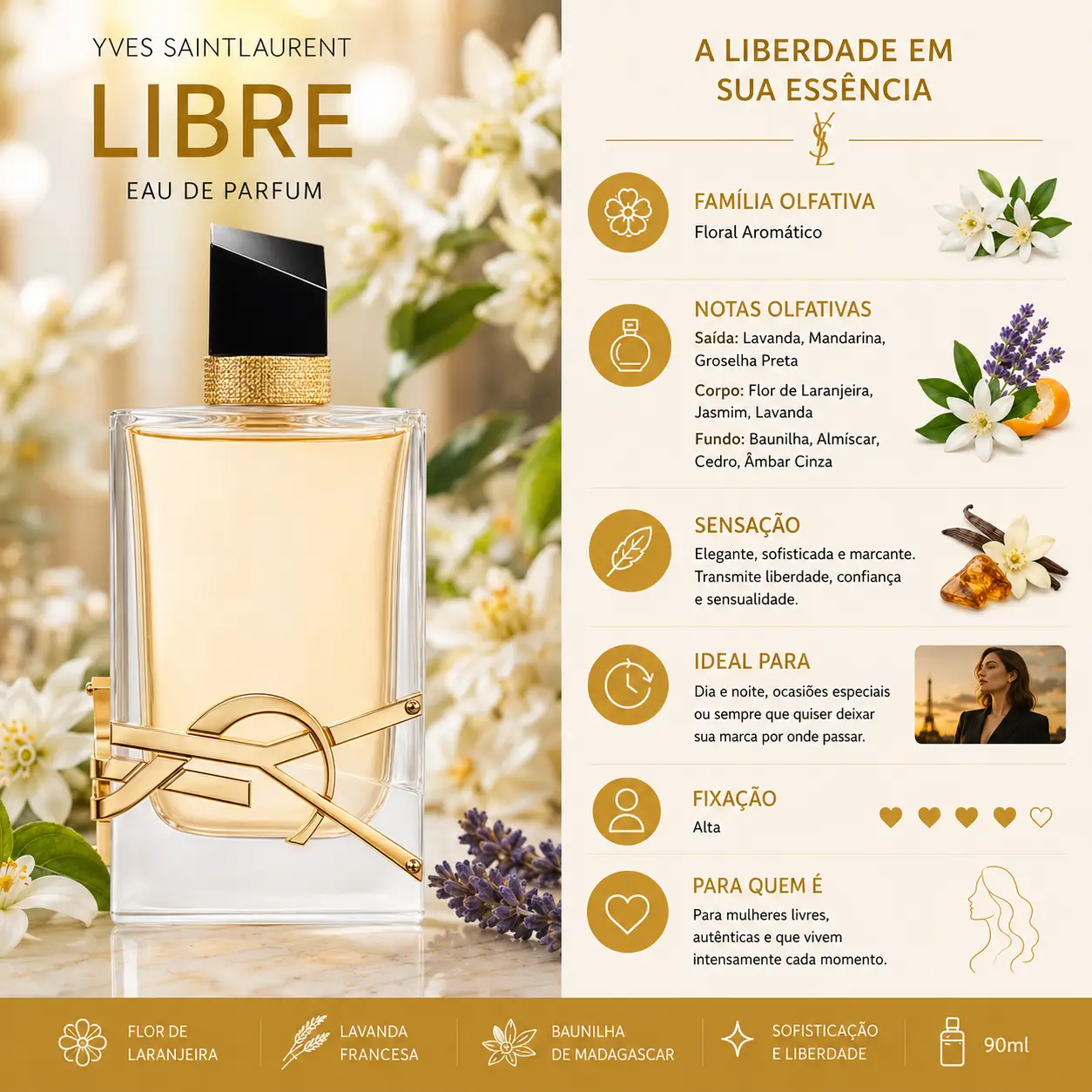 Perfume Libre Yves Saint Laurent com flor de laranjeira em cenário sofisticado destacando uma das melhores fragrâncias com flor de laranjeira