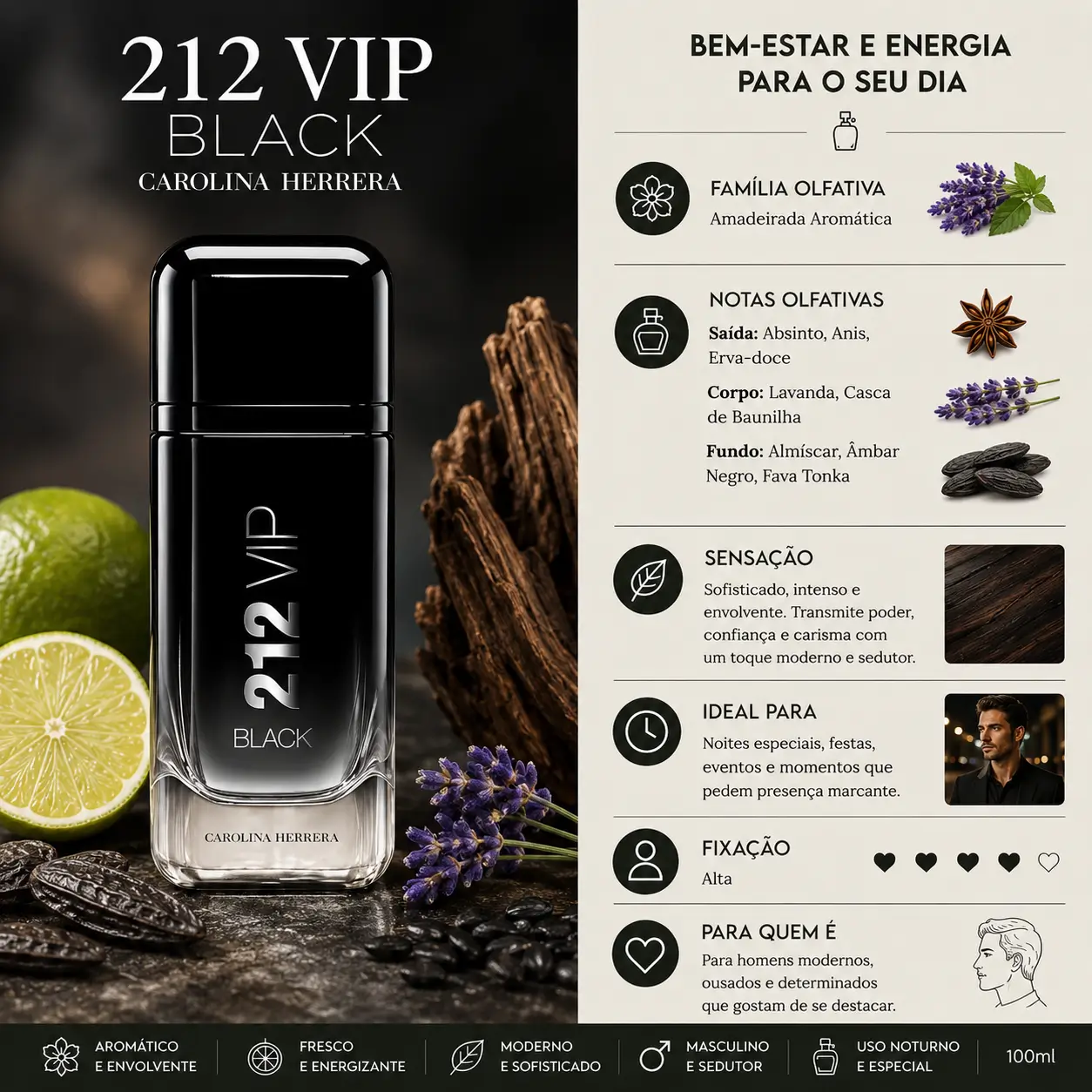 Perfume 212 VIP Black Carolina Herrera masculino com notas intensas e adocicadas, ideal entre os perfumes masculinos para o inverno