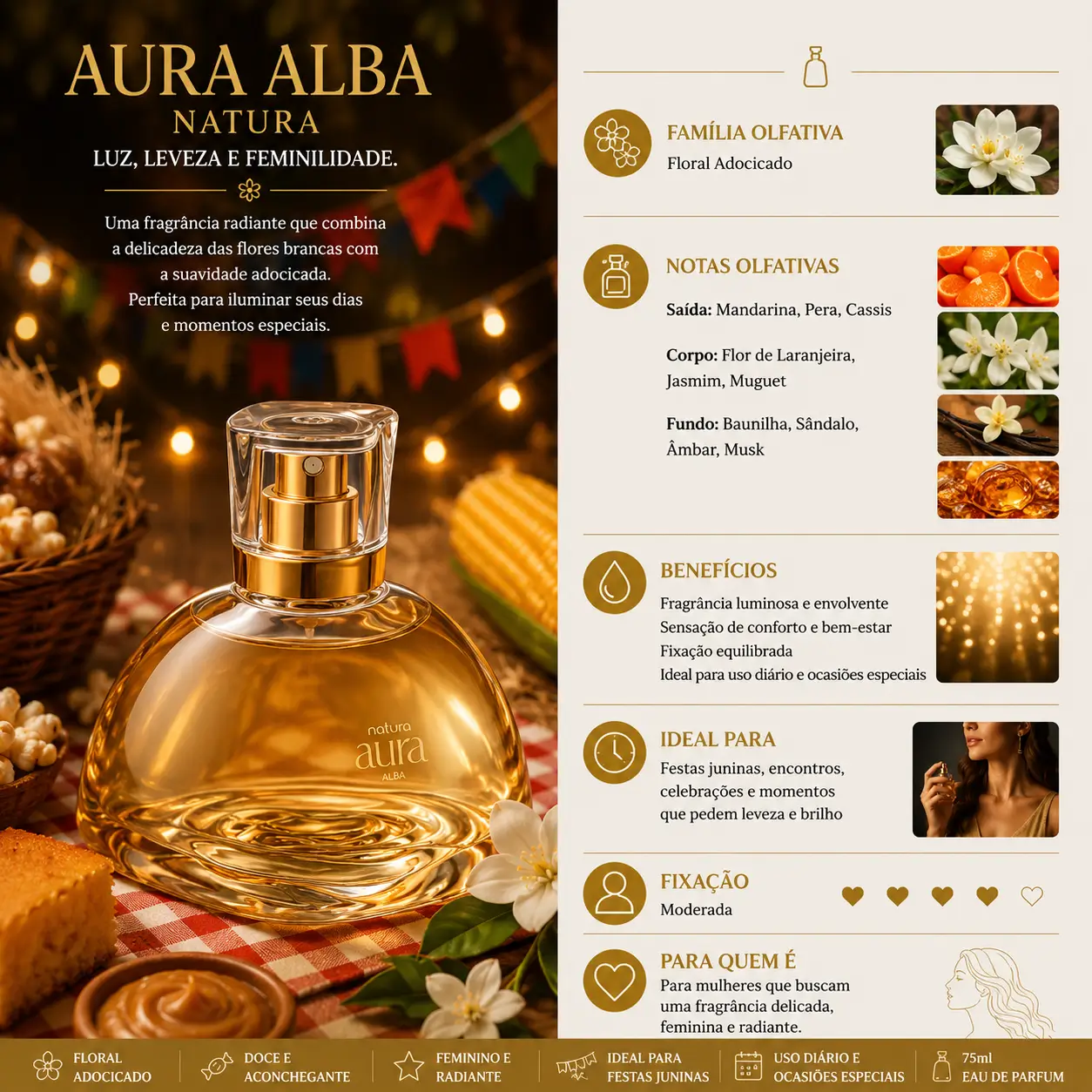 Perfume Aura Alba Natura em cenário com doces típicos e decoração junina, representando perfumes que lembram festa junina