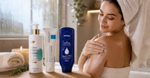 Banho Quente no Inverno com cuidados hidratantes: mulher aplicando creme corporal após o banho com produtos Dove, La Roche-Posay e Nivea.