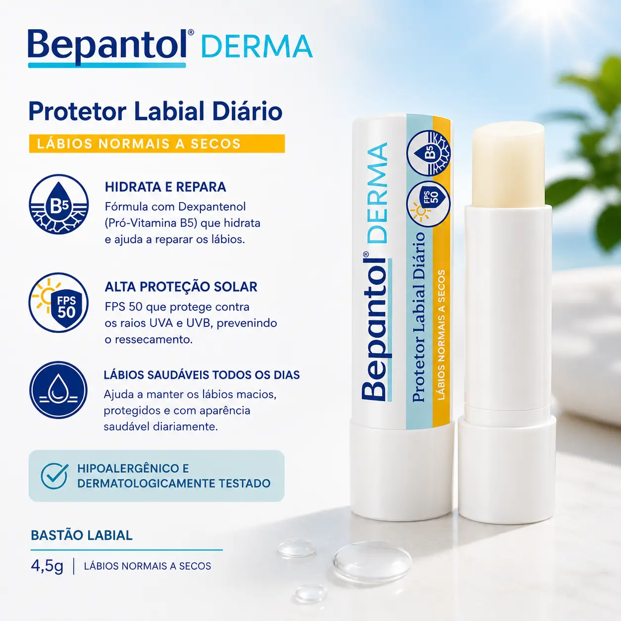 Bepantol Derma Protetor Labial FPS 50 para lábios ressecados no inverno, com hidratação intensa e proteção solar diária