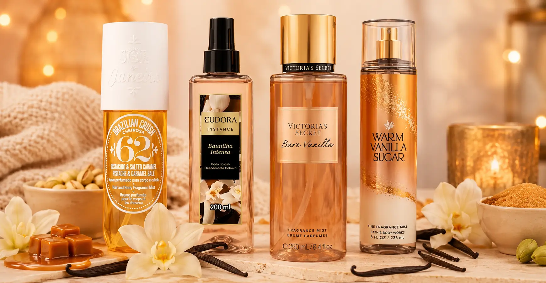 Body mists gourmand com fragrâncias doces como baunilha, caramelo e pistache em frascos elegantes sobre mesa com elementos sensoriais