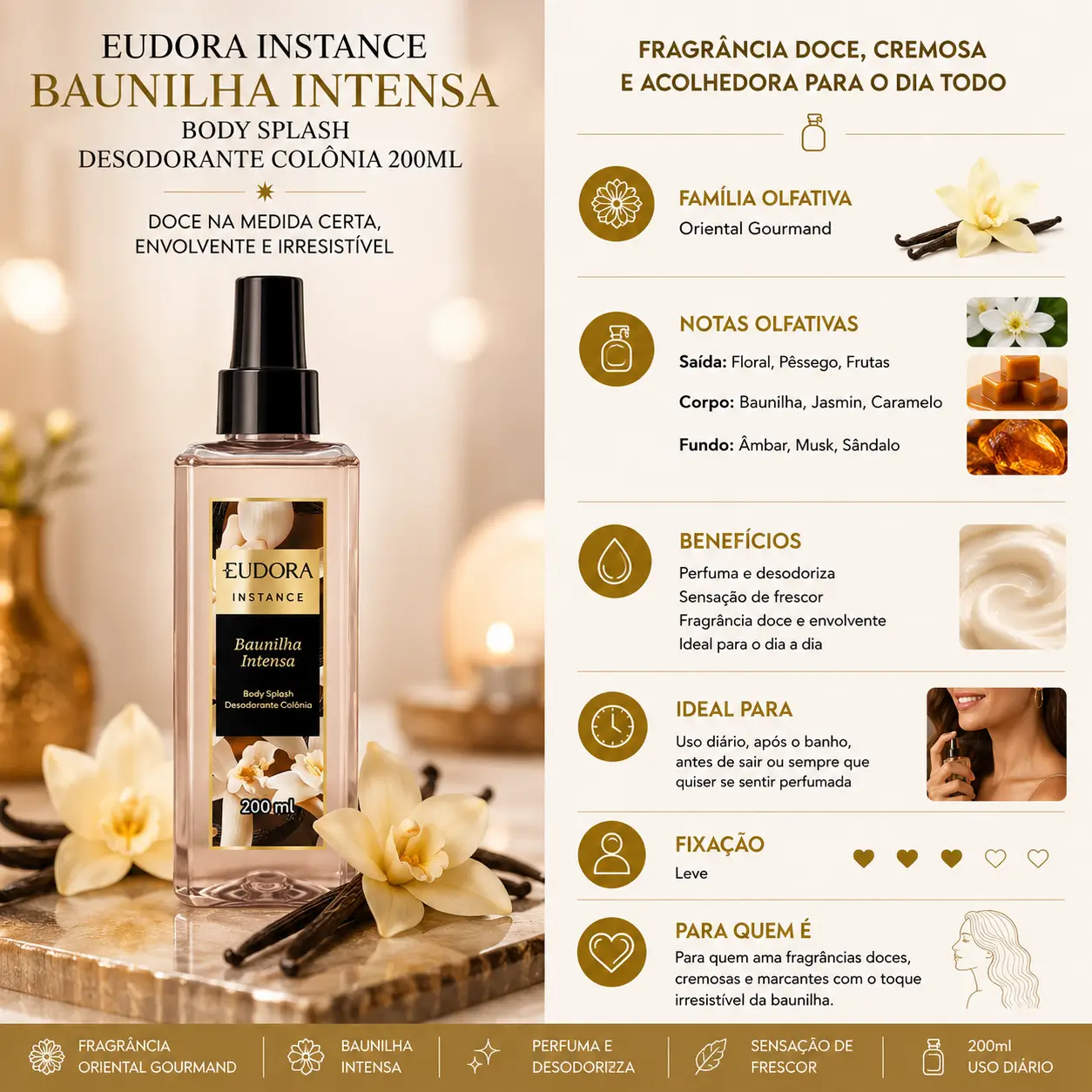 Body mists gourmand Eudora Instance Baunilha Intensa com fragrância doce e cremosa de baunilha