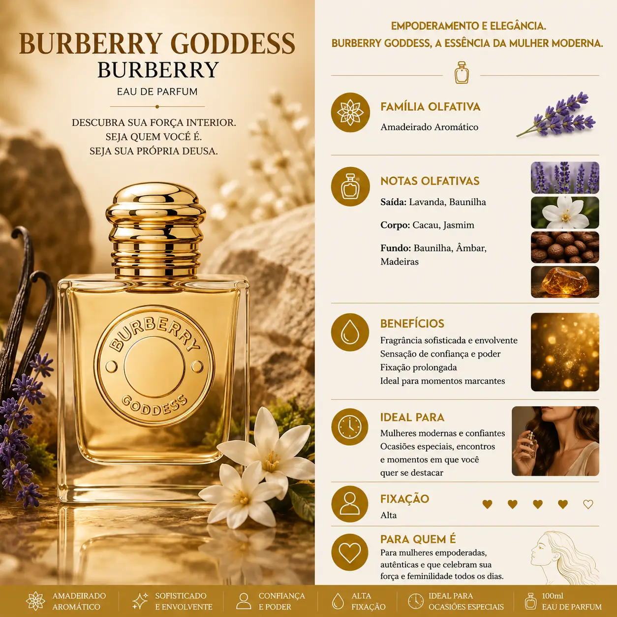 Perfume para jantar romântico Burberry Goddess com fragrância sofisticada e envolvente em frasco elegante dourado