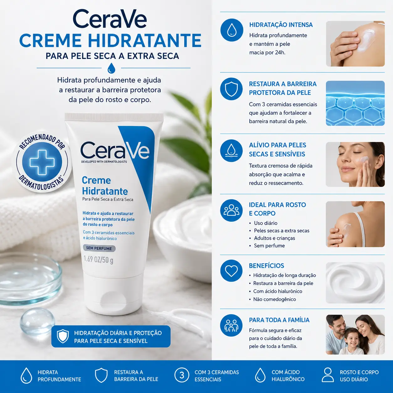 CeraVe Creme Hidratante com ceramidas e ácido hialurônico, ideal para cuidados com a pele no inverno e hidratação profunda