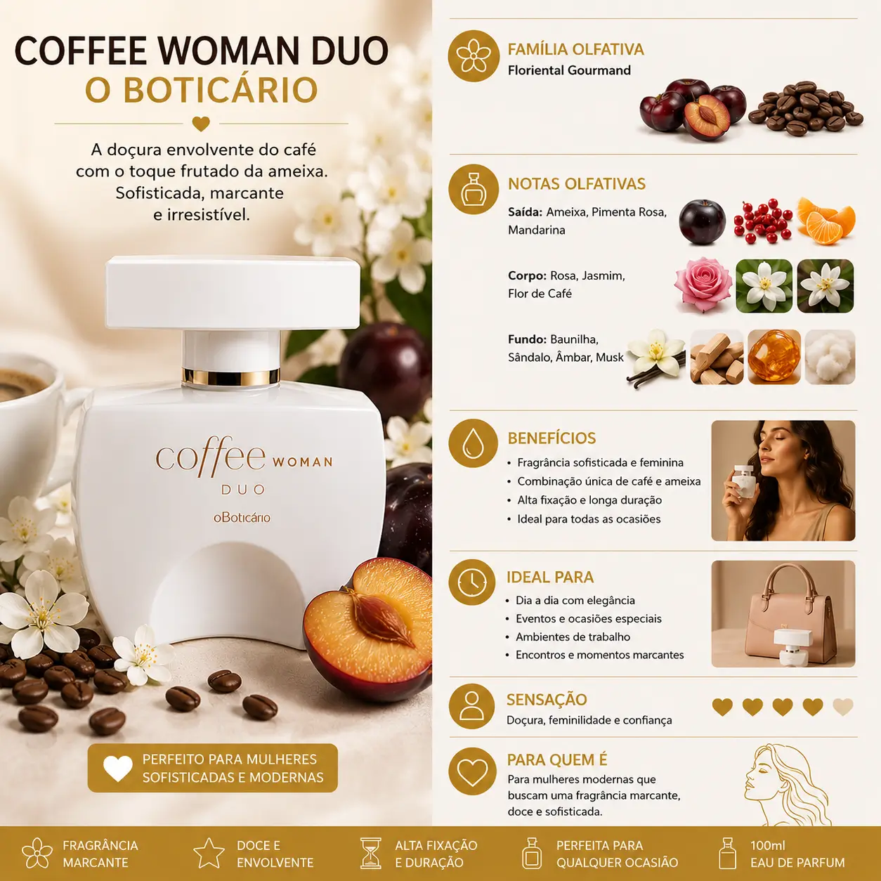 Perfume Coffee Woman Duo O Boticário com notas de ameixa e café, destaque entre perfumes com cheiro de ameixa sofisticados e envolventes.