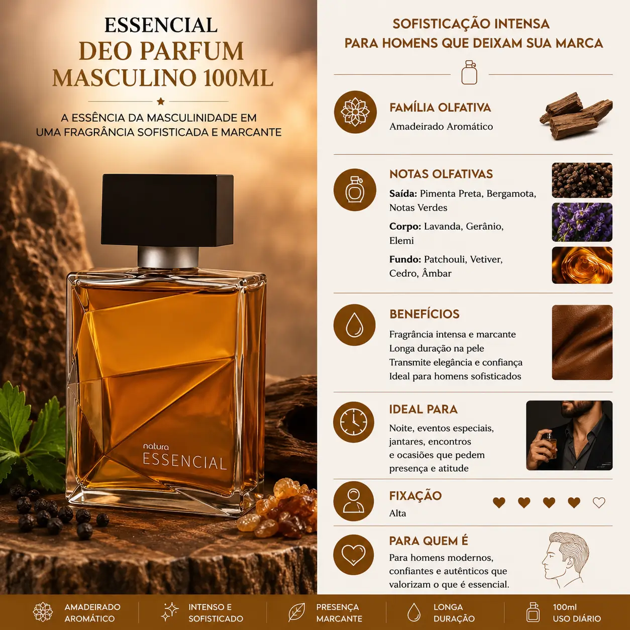 Perfume Essencial Masculino da Natura Deo Parfum 100ml com frasco âmbar sofisticado