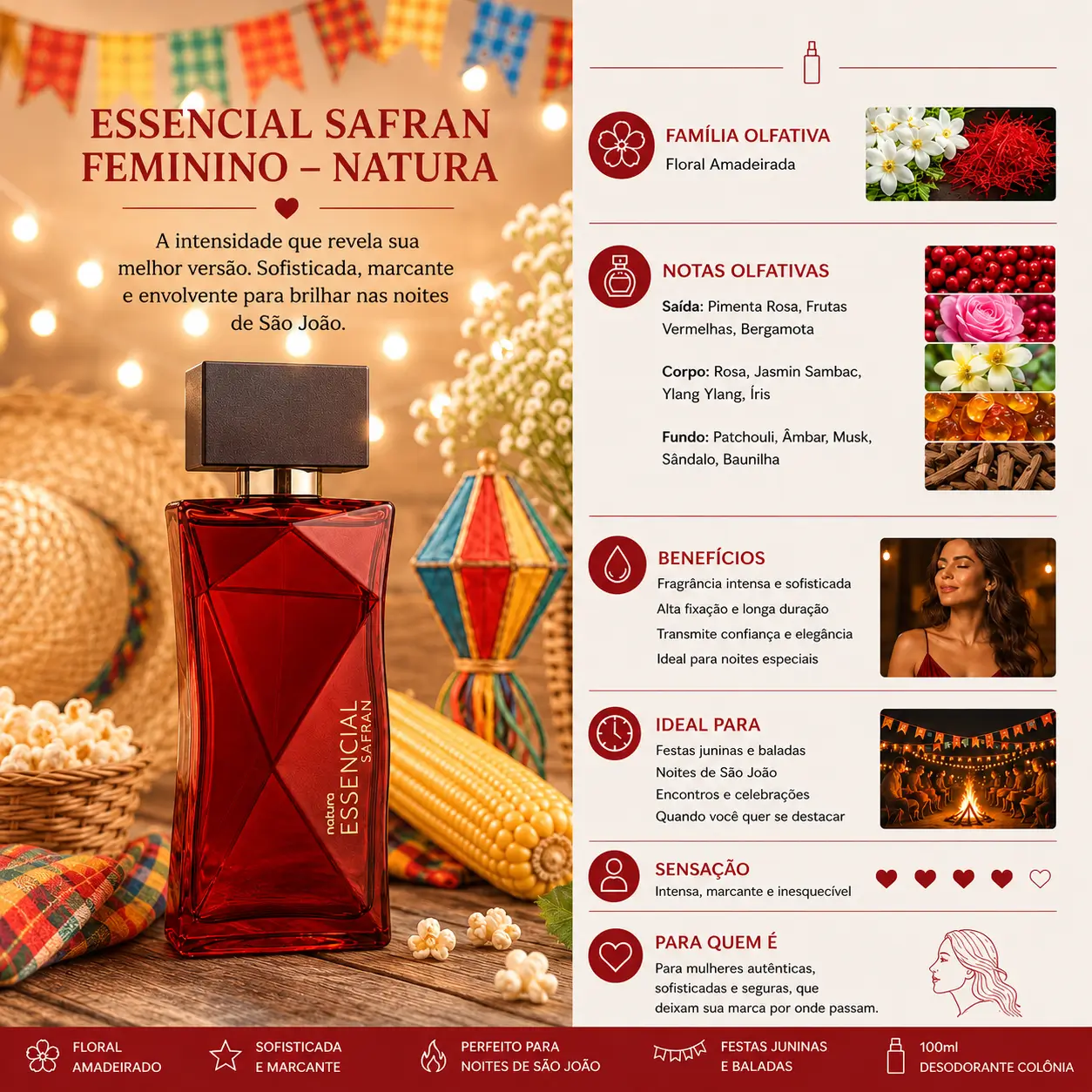 Perfume Essencial Safran Feminino Natura em cenário de festa junina com decoração rústica e luzes quentes
