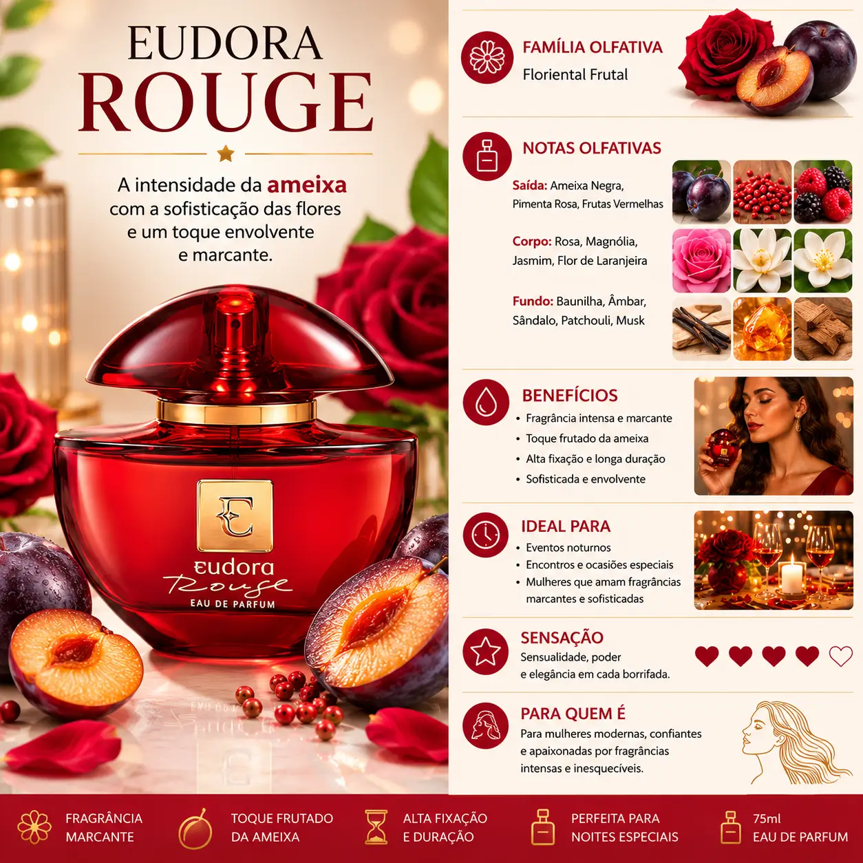 Perfume Eudora Rouge com ameixas e flores ao redor, representando fragrâncias intensas e sofisticadas com toque frutado e adocicado.