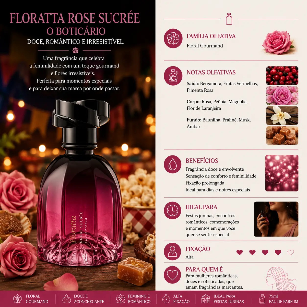 Perfume Floratta Rose Sucrée O Boticário em cenário com doces e flores, representando perfumes que lembram festa junina