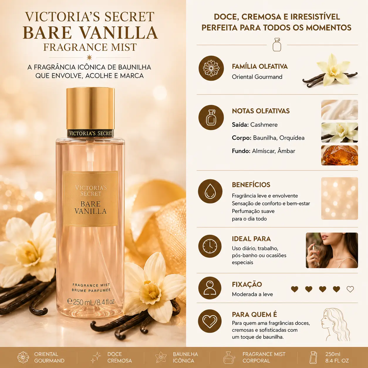 Body mists gourmand Victoria’s Secret Bare Vanilla com fragrância doce e cremosa de baunilha