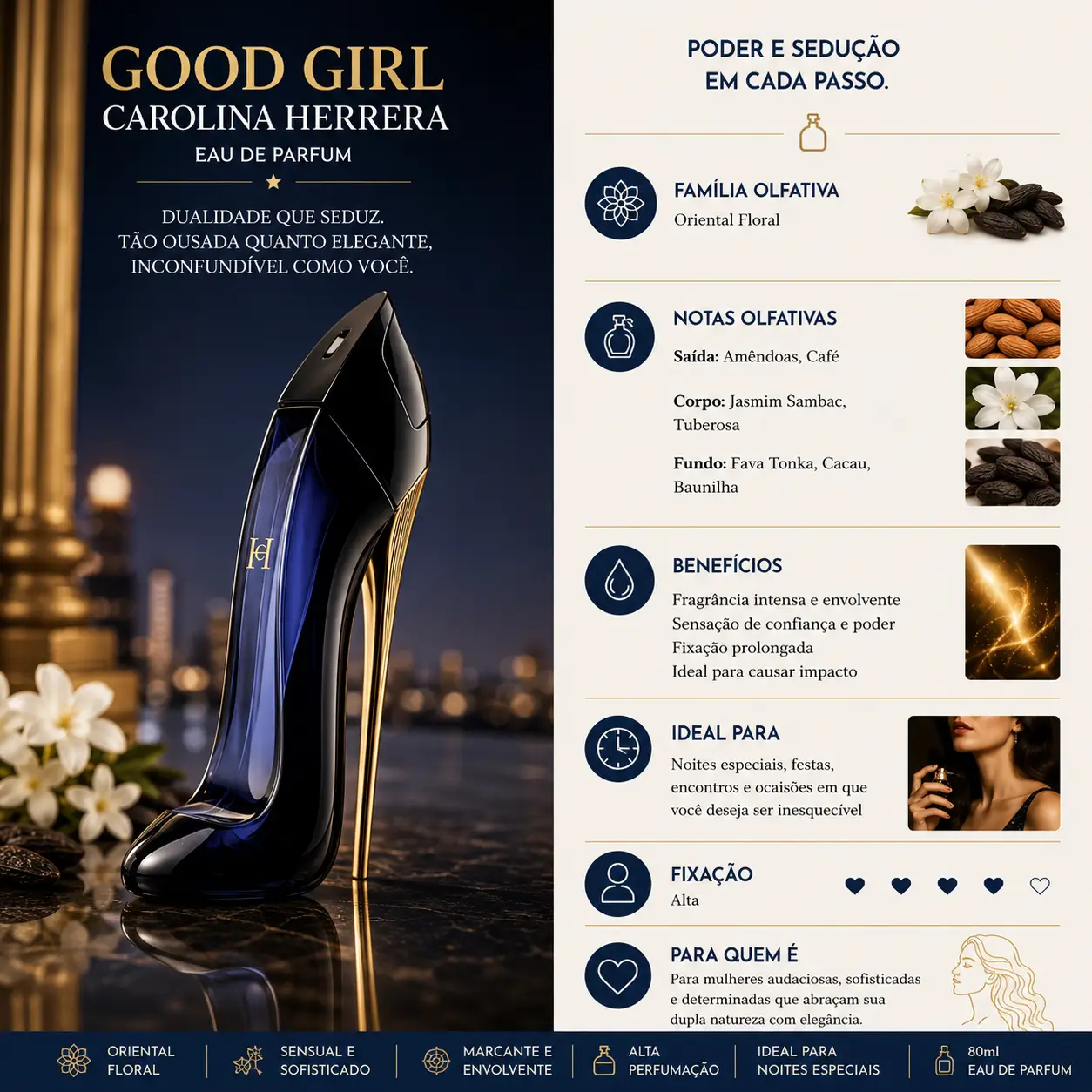 Perfume para jantar romântico Good Girl Carolina Herrera com fragrância intensa, sensual e sofisticada