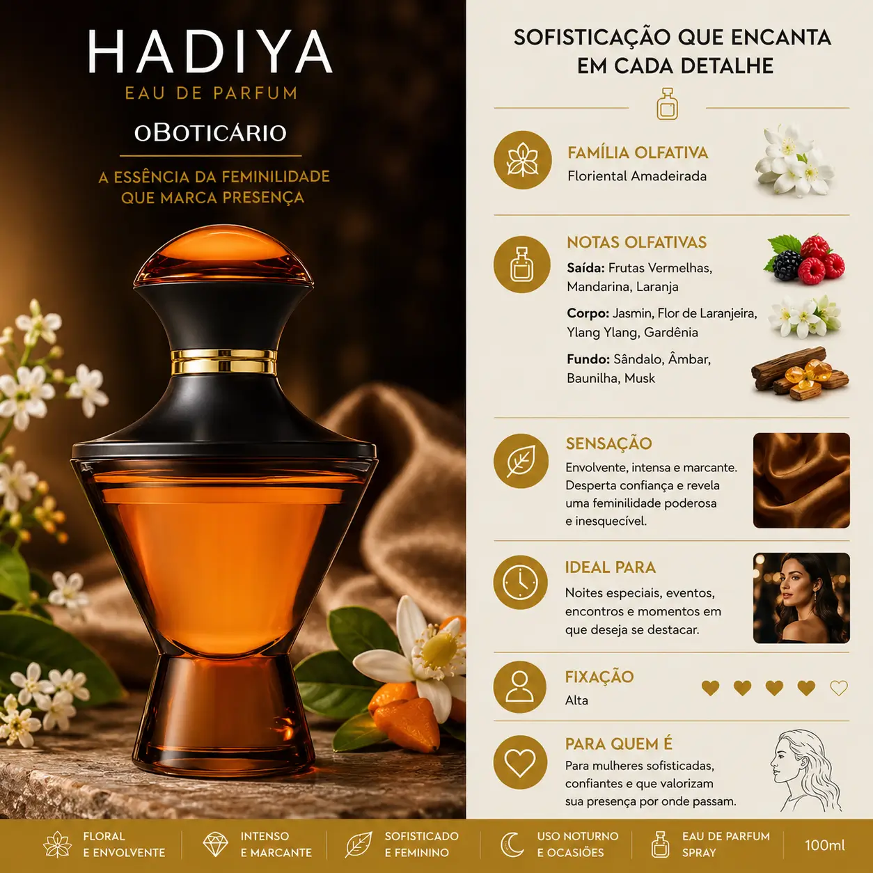 Perfume Hadiya Eau de Parfum em cenário elegante com flores, frutas e elementos amadeirados, ideal para perfumes femininos elegantes para o frio