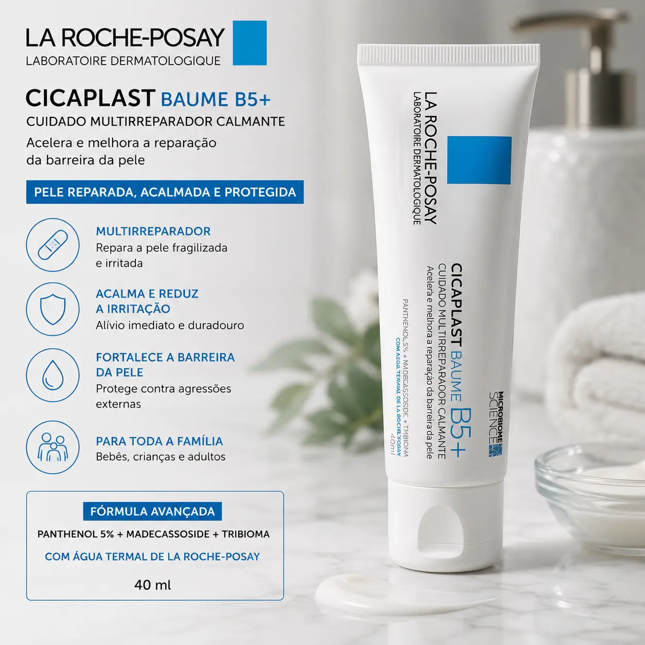 Banho Quente no Inverno com cuidados reparadores: Cicaplast Baume B5+ da La Roche-Posay em cenário de skincare para pele hidratada e protegida.