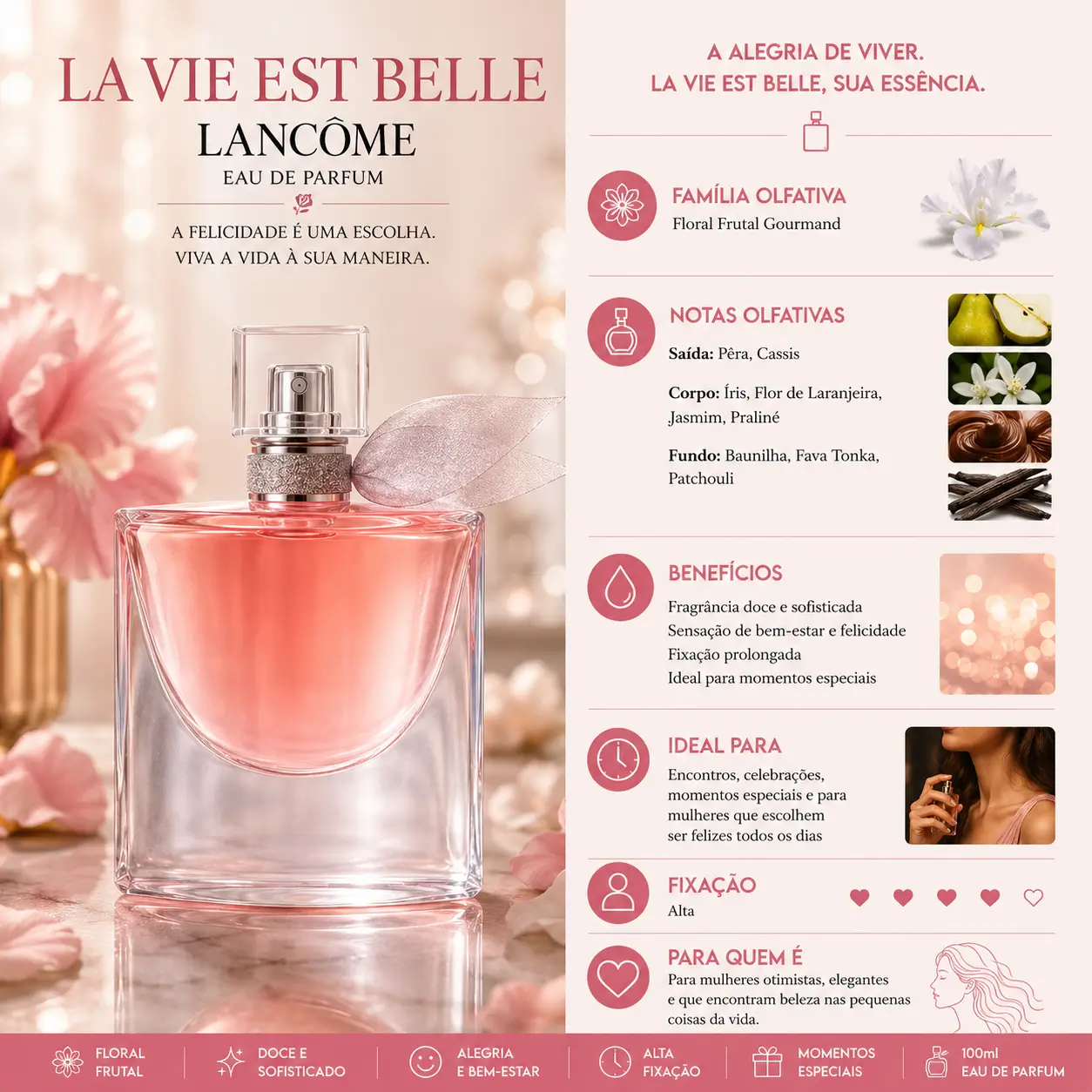 Perfume para jantar romântico La Vie Est Belle Lancôme com frasco elegante em cenário floral sofisticado