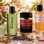 Lançamento de perfumes em maio com frascos de marcas nacionais e importadas em cenário sofisticado com flores e frutas