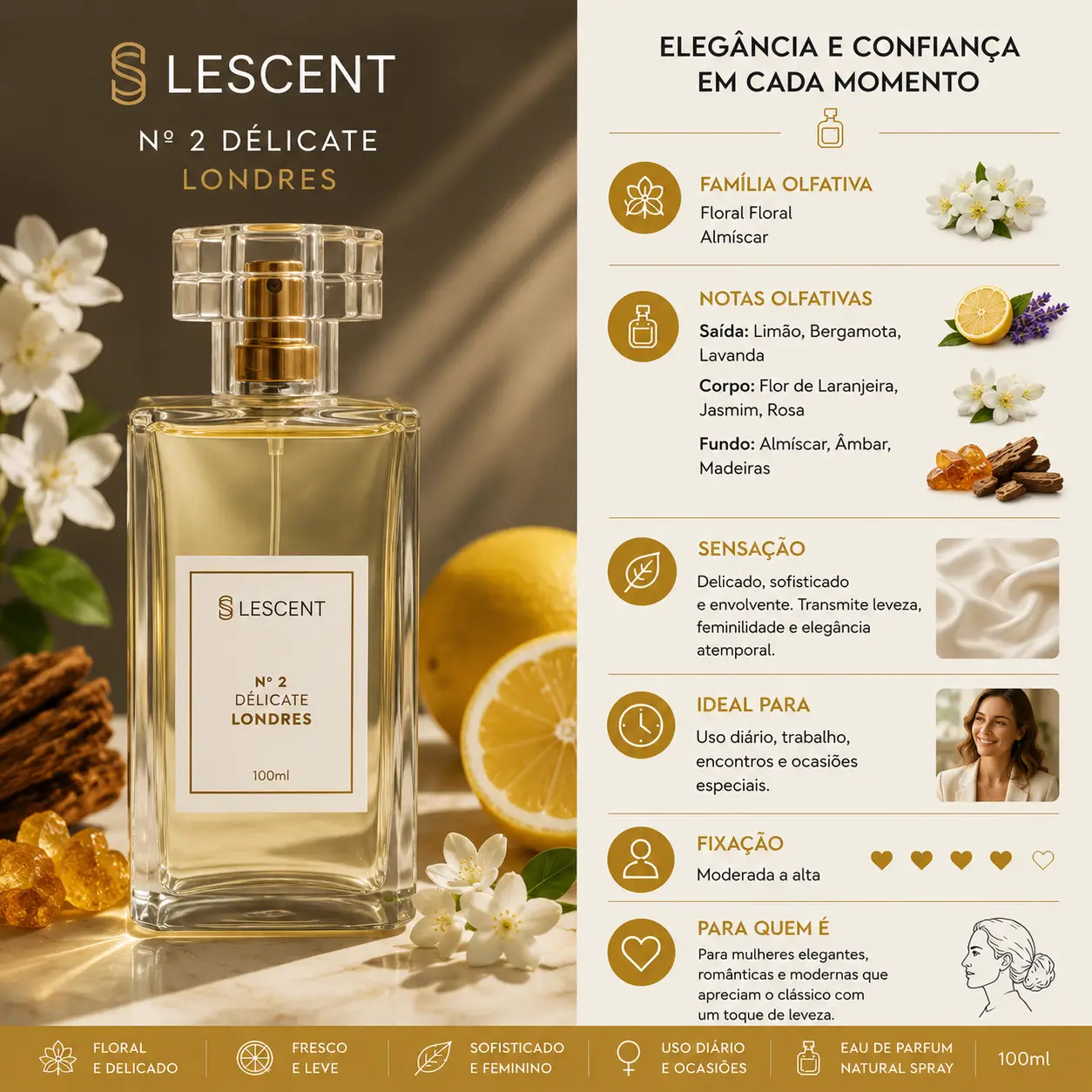 Perfume Lescent Nº 2 Délicate Londres em frasco elegante com notas florais e cítricas, ideal entre perfumes femininos elegantes para o frio