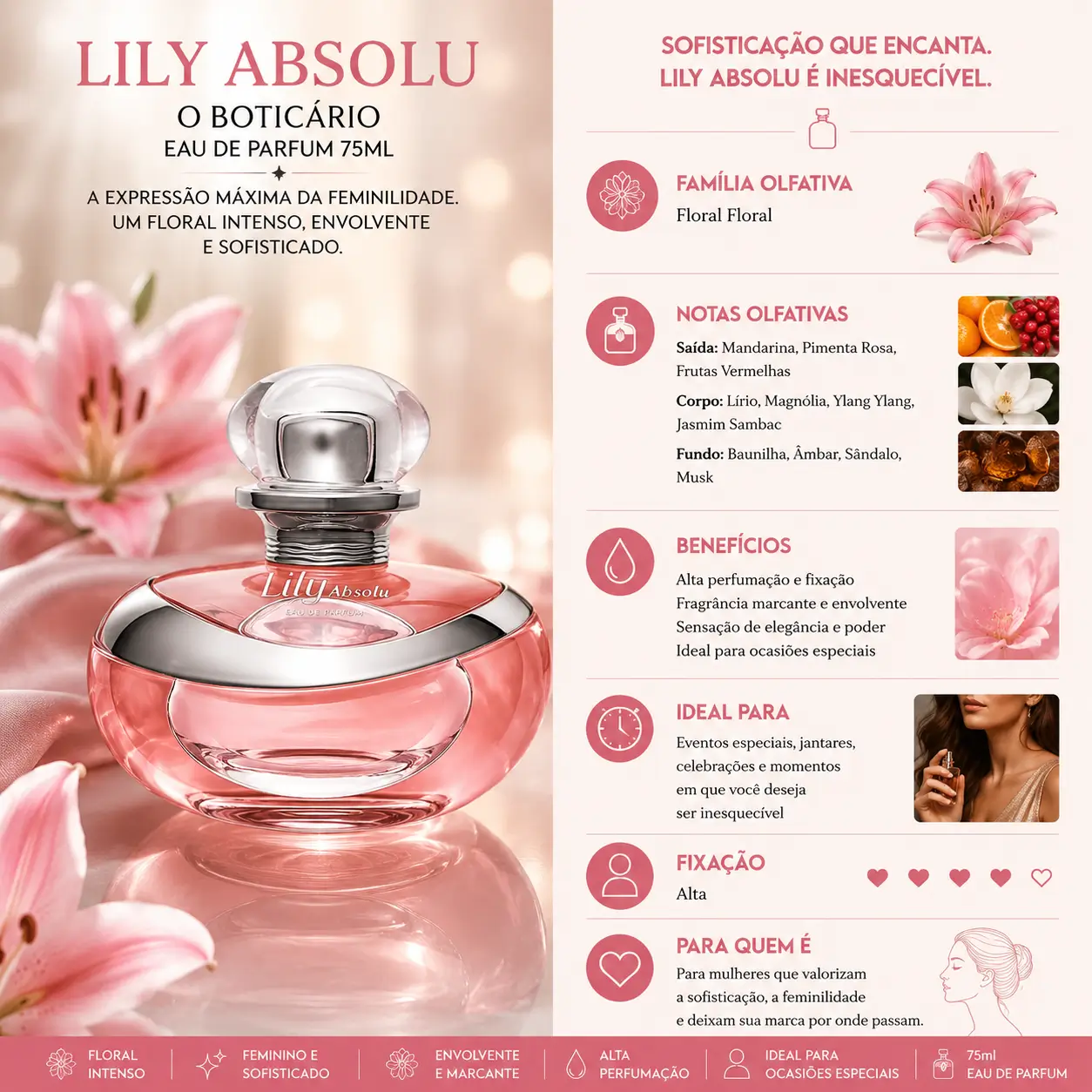 Perfume para jantar romântico Lily Absolu O Boticário com fragrância floral intensa e sofisticada