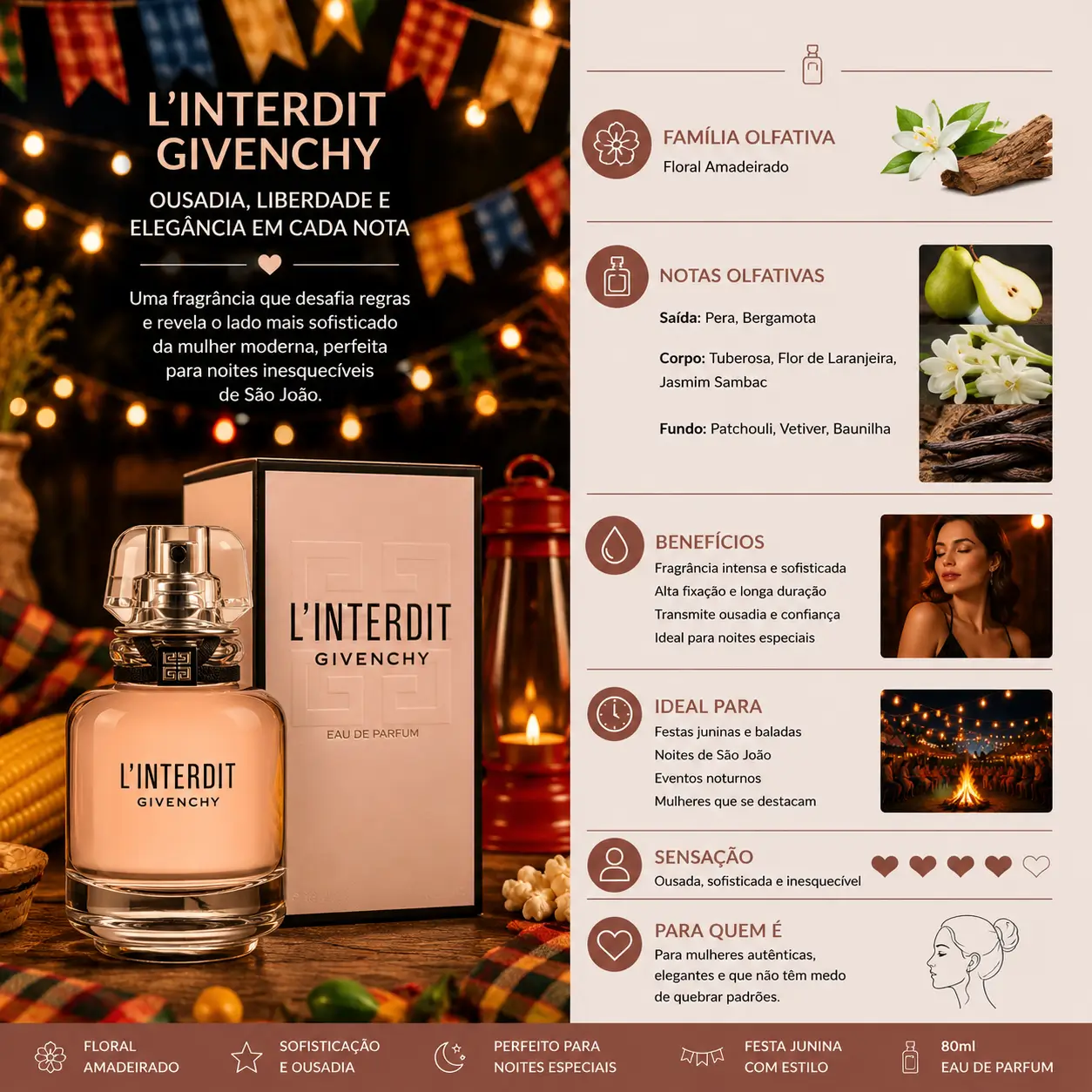 Perfume L’Interdit Givenchy em cenário de festa junina com luzes, bandeirinhas e decoração típica de São João