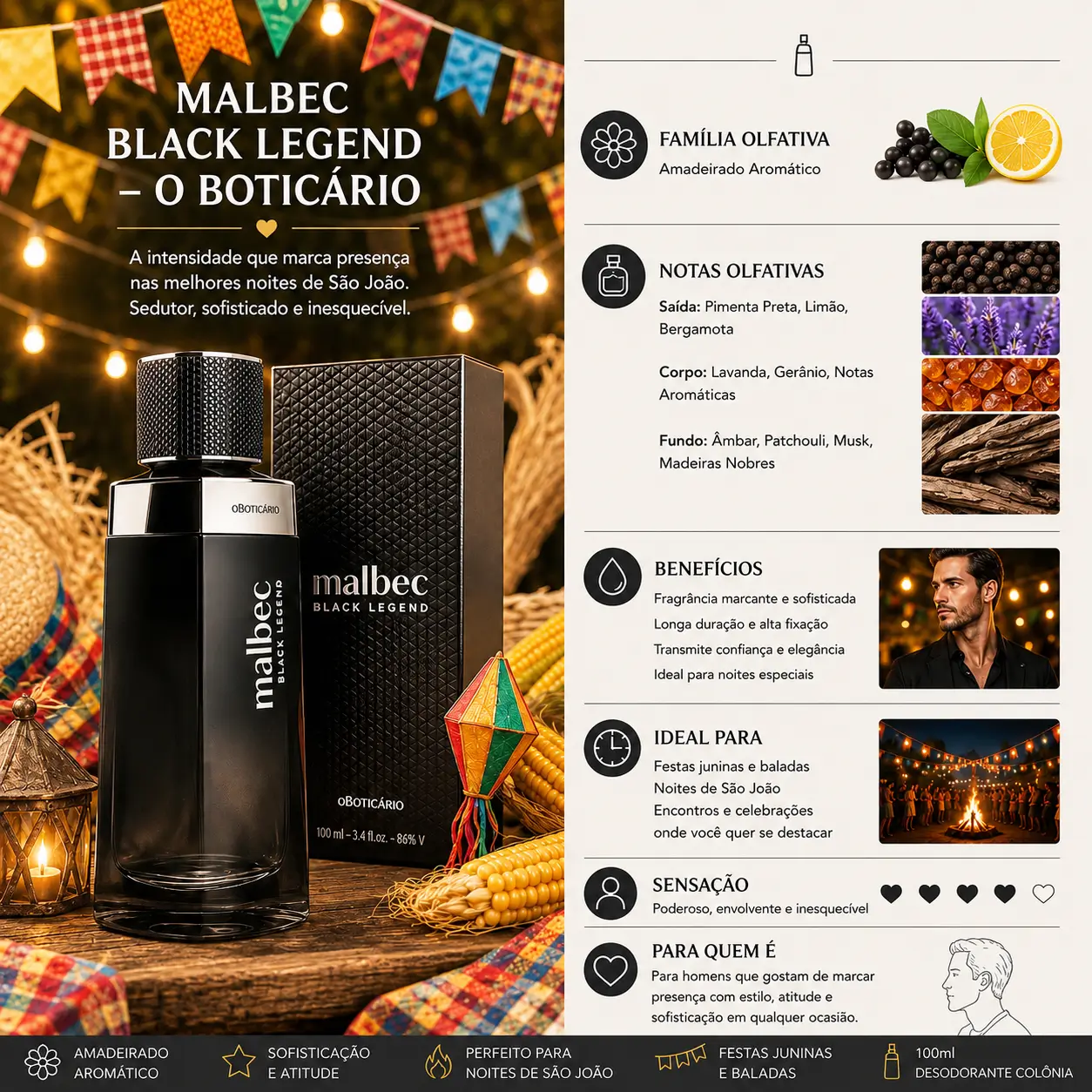 Perfume Malbec Black Legend O Boticário em cenário de festa junina com elementos típicos e iluminação aconchegante