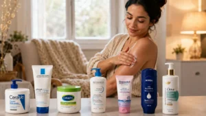 Melhor Hidratante Corporal para o Inverno: mulher aplicando creme nos braços em ambiente aconchegante com hidratantes como CeraVe, La Roche-Posay, Cetaphil, Bioderma, Bepantol, Nivea e Dove.