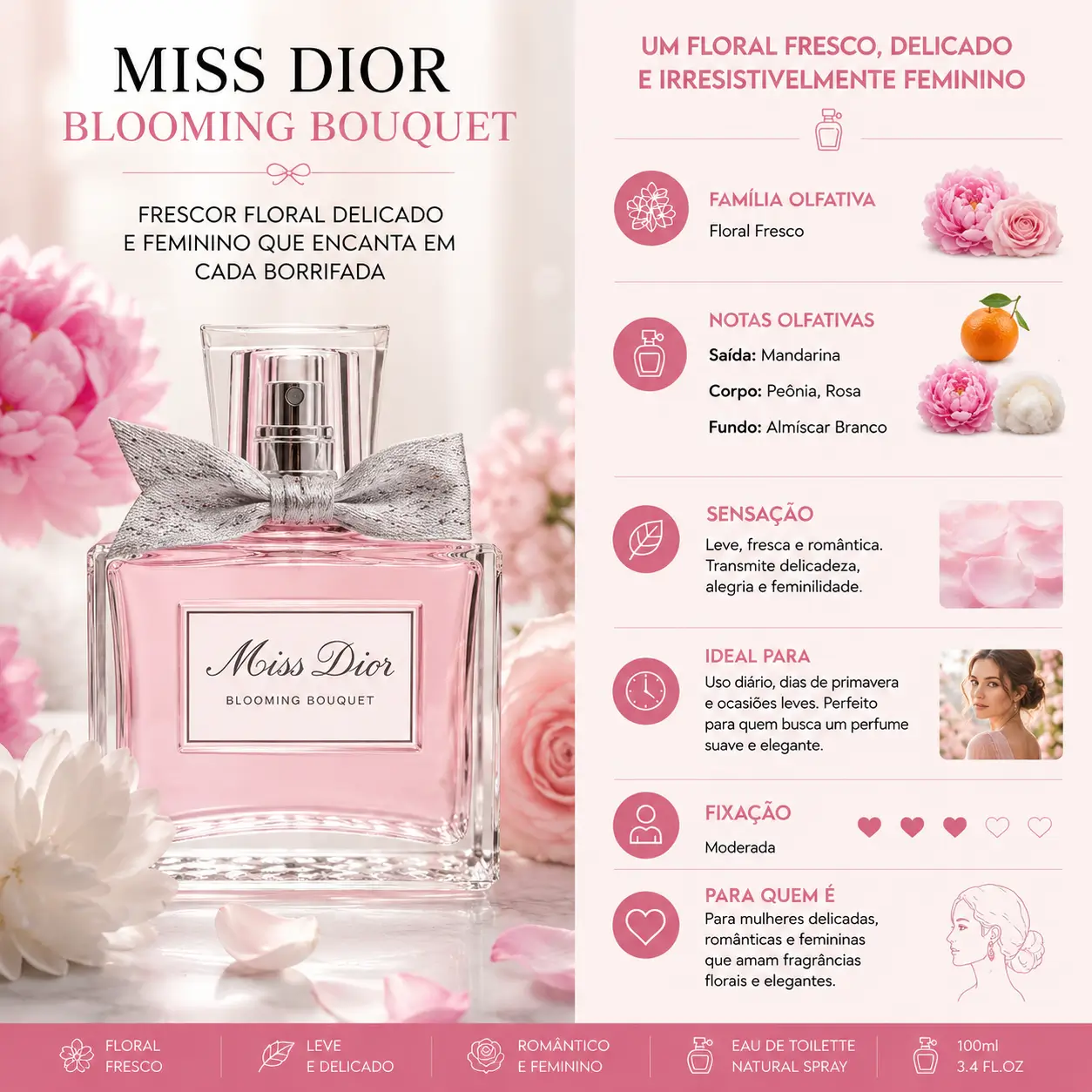 Perfume Miss Dior Blooming Bouquet da linha Miss Dior com frasco rosa delicado e laço elegante