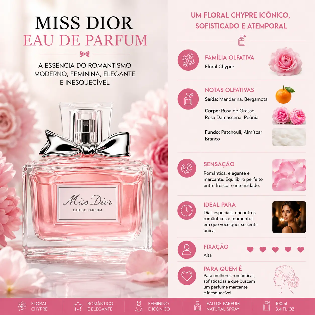 Perfume Miss Dior Eau de Parfum com frasco elegante rosa representando a linha Miss Dior feminina e sofisticada