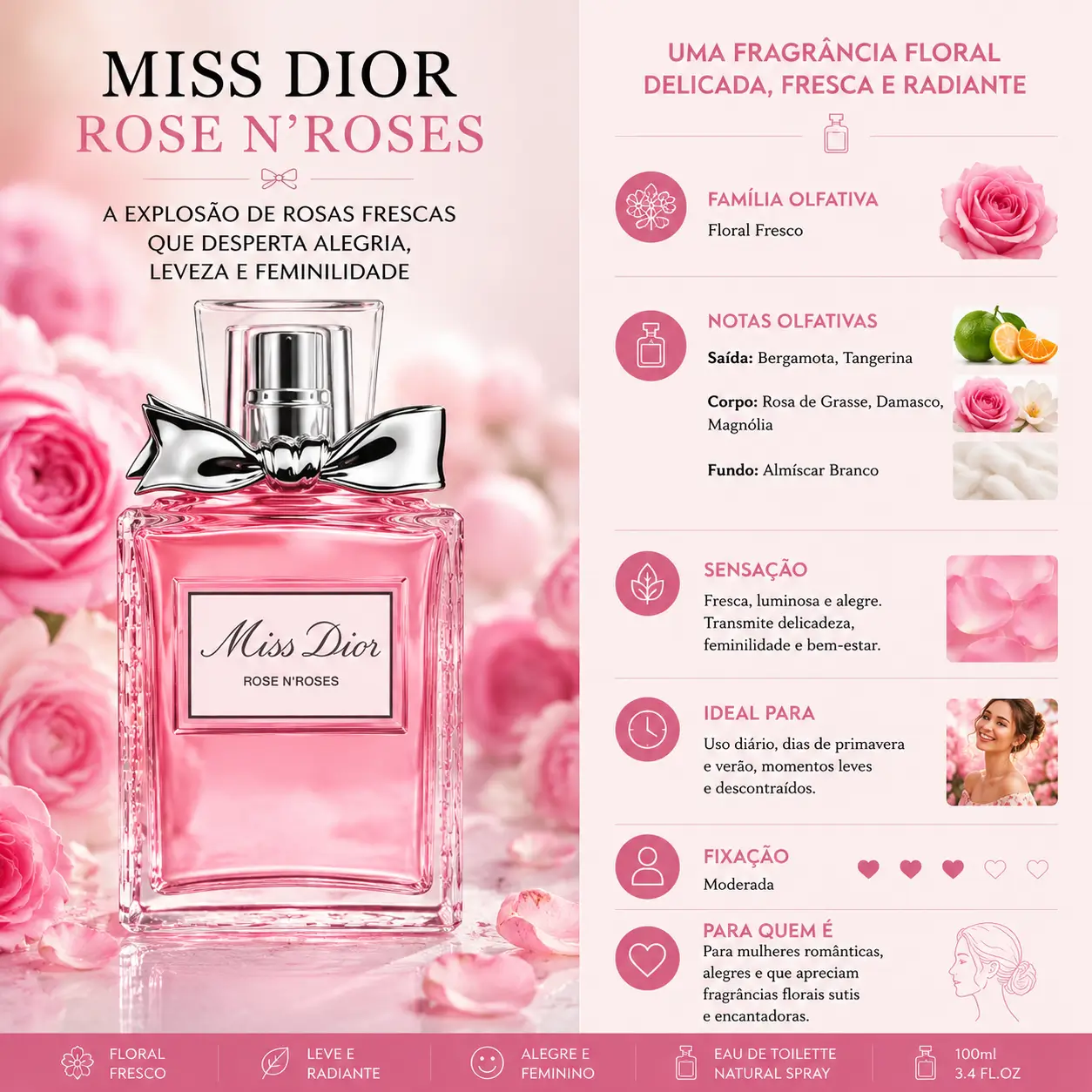 Perfume Miss Dior Rose N’Roses da linha Miss Dior com frasco rosa delicado em cenário floral elegante